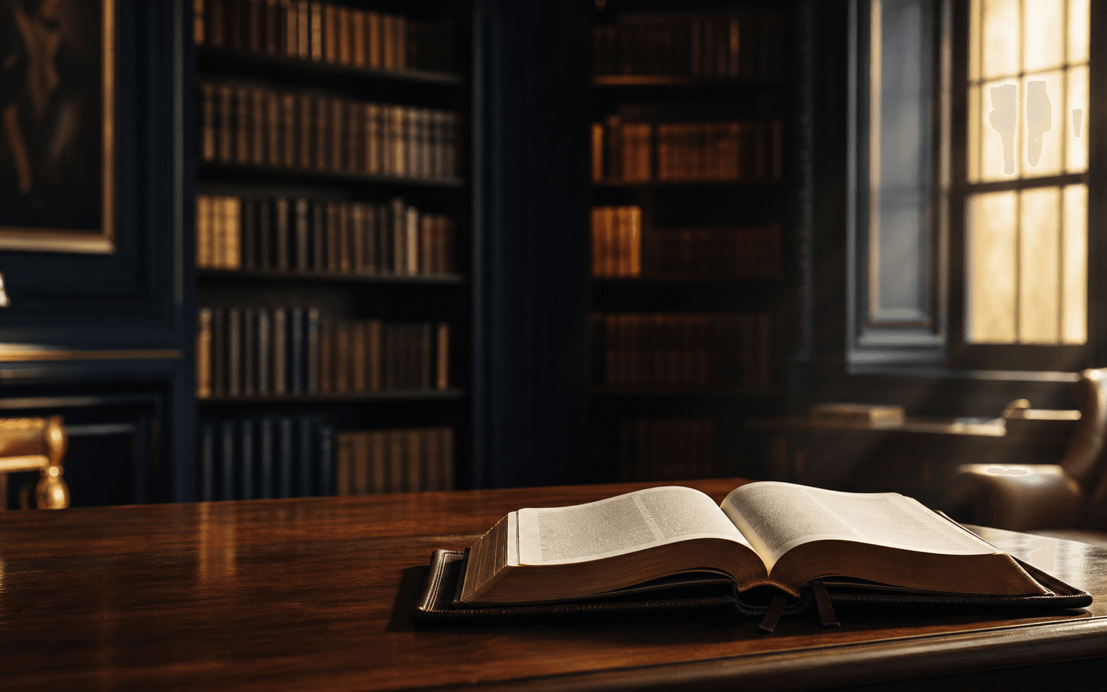 Bíblia aberta em uma biblioteca teológica