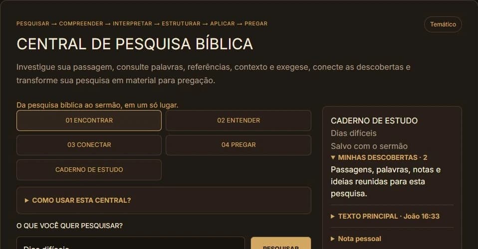 Central de Pesquisa Bíblica real com as etapas Encontrar, Entender, Conectar e Pregar e o Caderno de Estudo