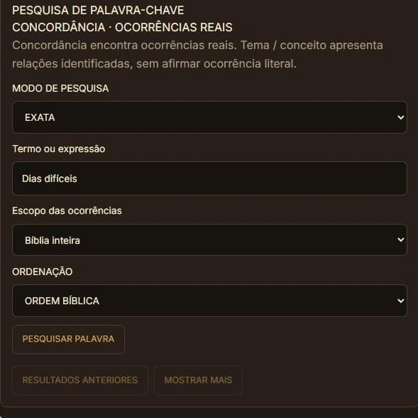 Pesquisa real por Dias difíceis com filtros de concordância