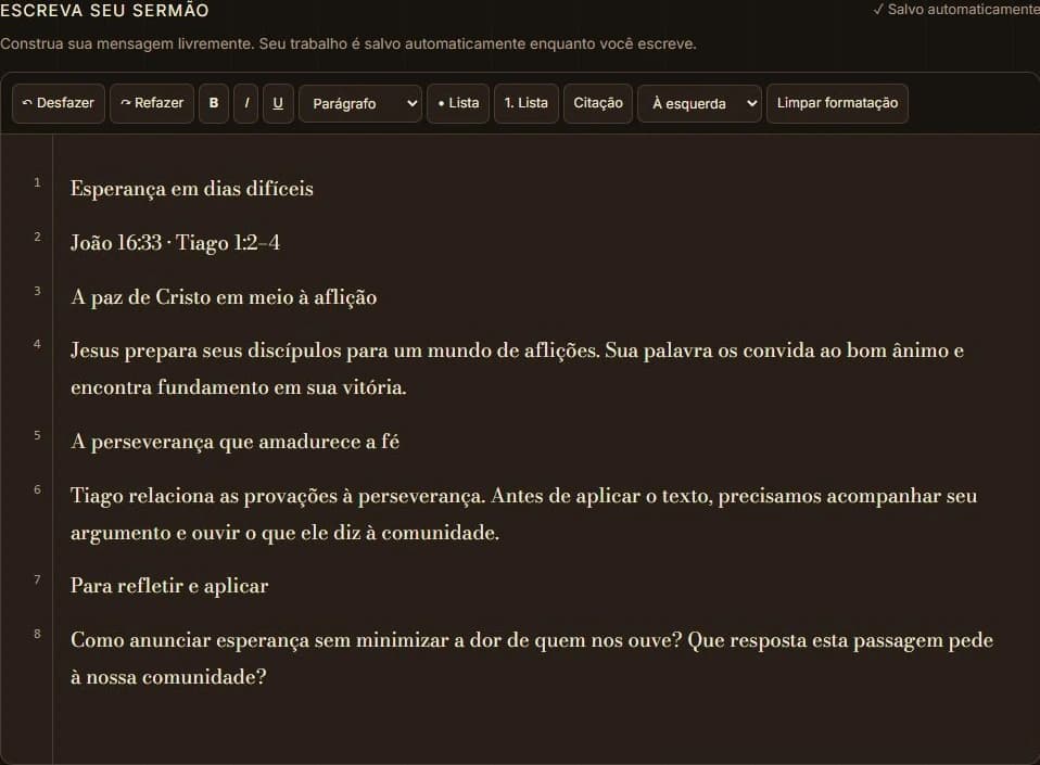 Interface real do editor com o sermão demonstrativo Esperança em dias difíceis