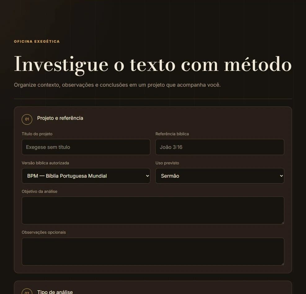Interface real de criação de um projeto da Oficina Exegética